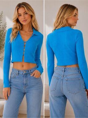 NWT Sincerely Jules Turquoise Blue Ribbed V-Neck Cropped Cardigan / Top